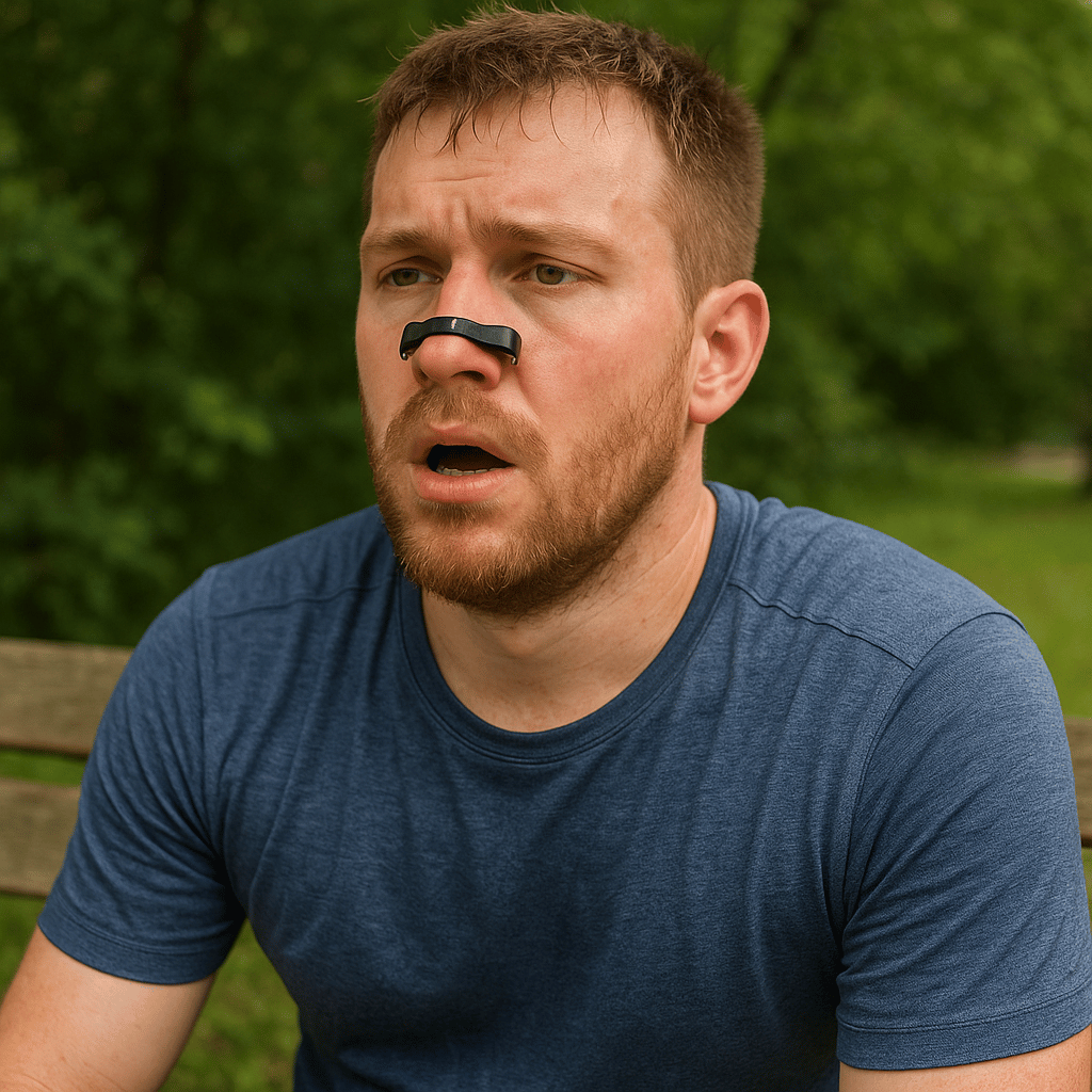 man wearing a magnetic nose strip after a jog/running