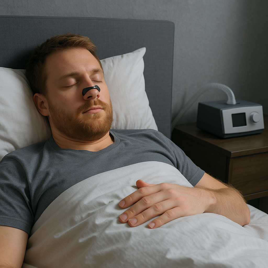 man has a magnetic nose strip on while sleeping