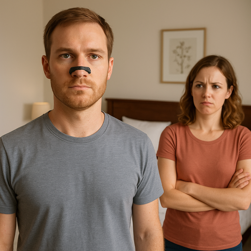 man wearing a magnetic breathing strip next to woman