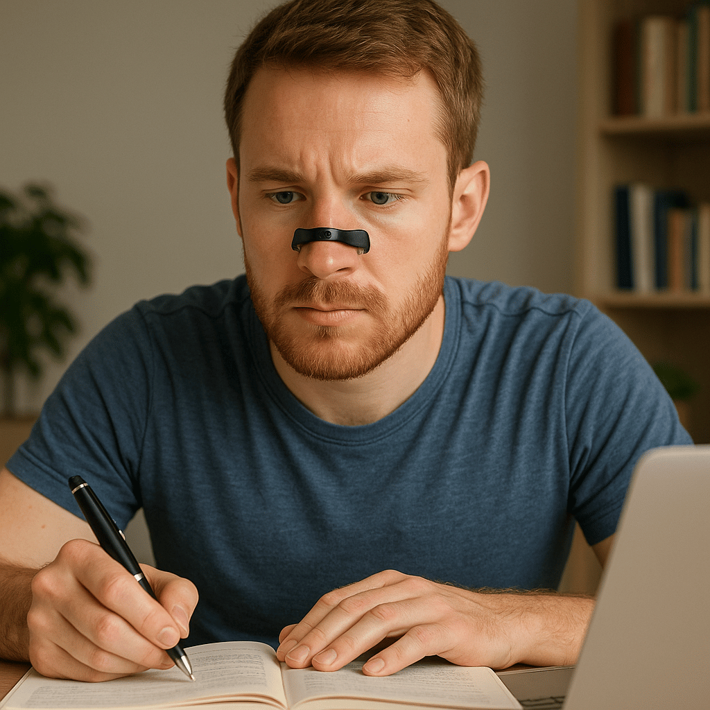 man showing focus writing in a book while wearing nasal breathing strip