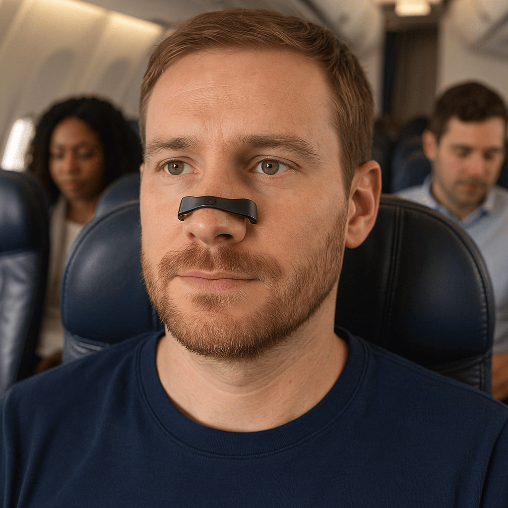 man wearing a magnetic nose strip on a plane flight