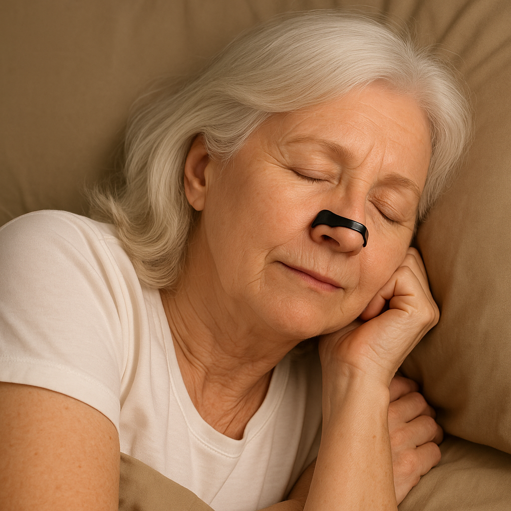 senior older woman wearing a magnetic nose strip while sleeping