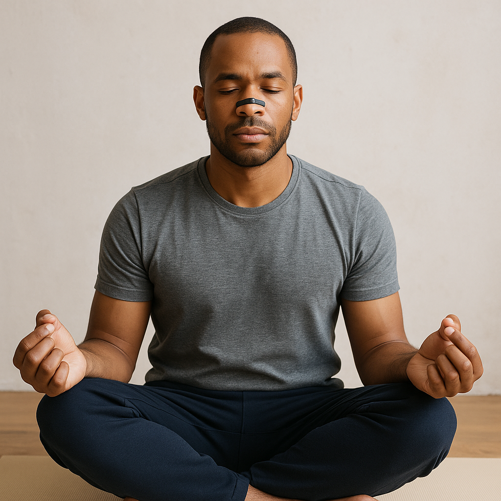 man showing meditating and doing yoga while wearing nasal breathing strip